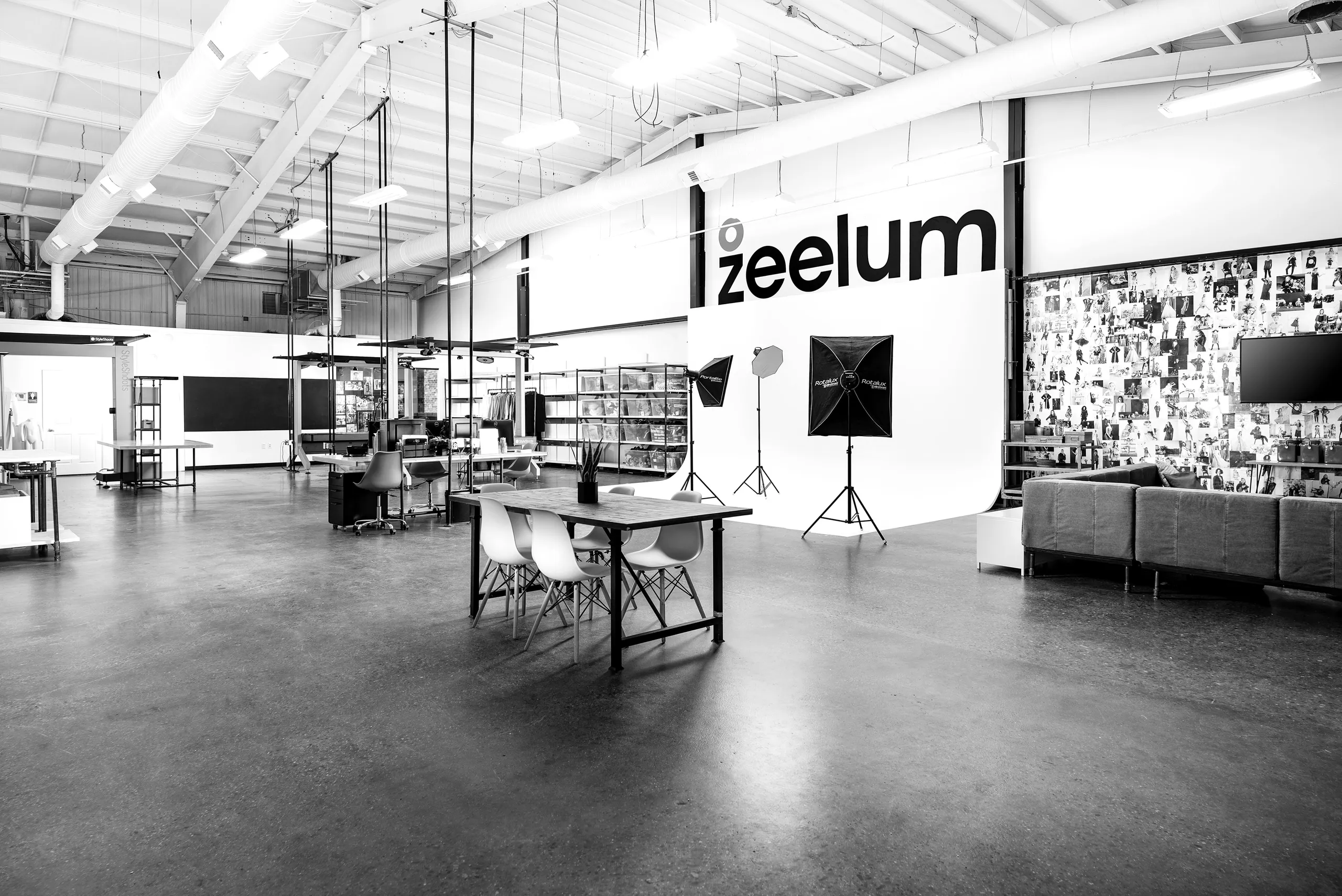 The Zeelum studio floor, with the Zeelum wordmark on the back wall